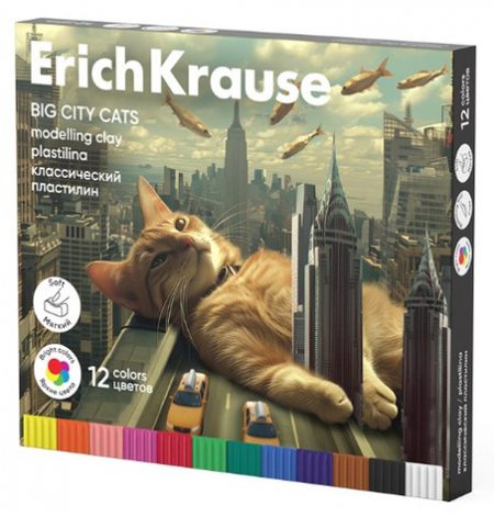 Пластилин «Классический» ErichKrause, 12 цветов, 180 г, со стекой, Big City Cats