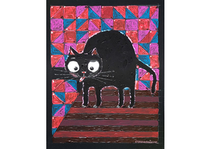 Картина «Кот на полосатом ковре» (Стельмашонок С.), 40×50 см, акрил, фон красный