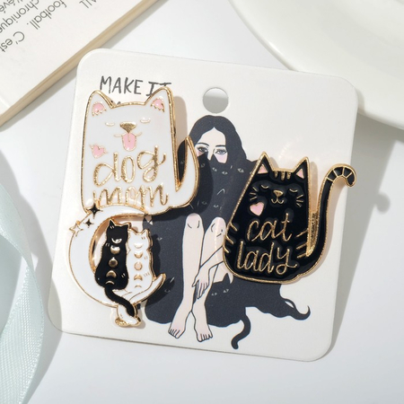 Набор значков «Котики», 3 шт., цвет чёрно-белый в золоте