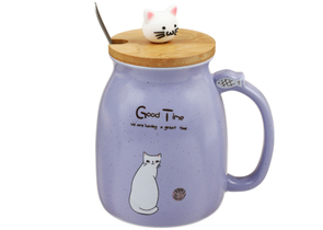 Кружка керамическая с деревянной крышкой и ложкой «Эврика», 400 мл, «Котик с клубком №3»