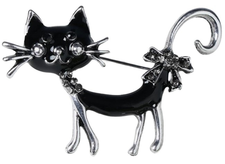 Брошь «Кошка кокетливая с бантом», 4,5 см, цвет чёрный в чернёном серебре
