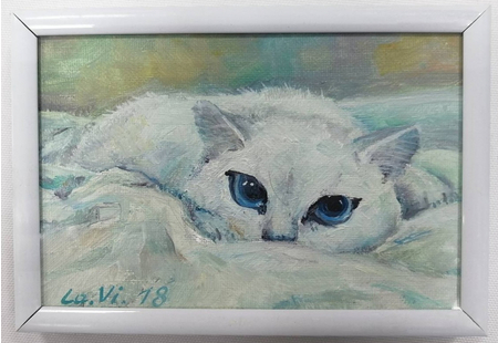Картина «Белая кошка» (Манкович В.Л.), 10*15 см, холст на картоне, масло