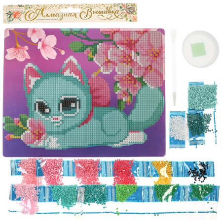 Алмазная мозаика для детей со стразами «Школа талантов», 20*25 см, «Милый котик и сакура»