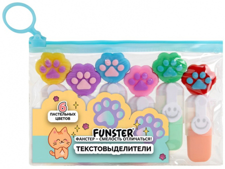 Набор маркеров-текстовыделителей Funster «Лапки», 6 цветов, пастель, с топперами