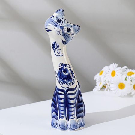 Сувенир фарфоровый «Кошка Кегля» (гжель), высота 21,5 см, бело-синий