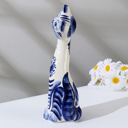 Сувенир фарфоровый «Кошка Кегля» (гжель), высота 21,5 см, бело-синий