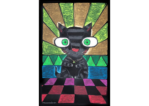 Картина «Кот на клетчатом полу» (Стельмашонок С.), 40×60 см, акрил, фон желто-зелено-красный
