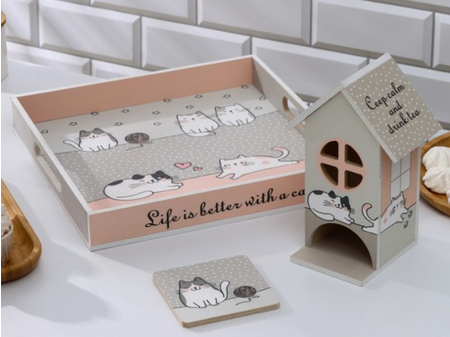 Набор деревянной посуды «Доляна», 3 предмета, «Котики»