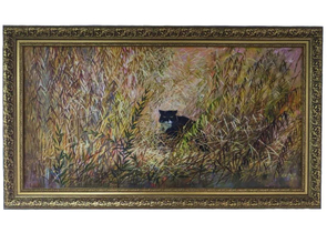 Картина «Черный кот в золотом убранстве», 40×80 см, холст, масло, акрил (2022 г.)