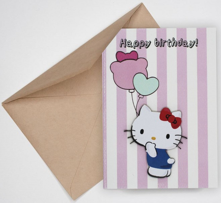 Открытка поздравительная ручной работы и конверт, 105*147 мм, «Happy Birthday. Kitty с шариками»