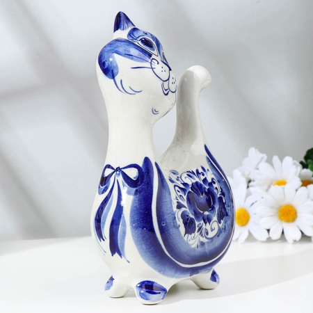Сувенир фарфоровый «Кот Ватрушка» (гжель), высота 12 см, бело-синий