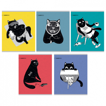 Тетрадь общая А5, 48 л. на скобе «Жизнь кота», 163*203 мм, клетка, ассорти