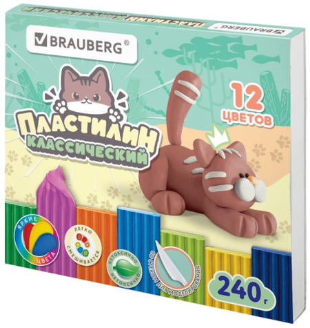 Пластилин классический Brauberg «Академия», 12 цветов, 240 г, со стеком, «Милые коты» Пластилин классический Brauberg «Академия», 12 цветов, 240 г, со стеком, «Милые коты»