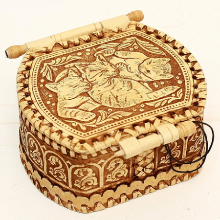 Шкатулка с зеркалом из бересты «Кошка», 11*10*6,5 см