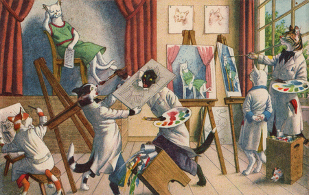 , «Кошечка в зеленом платье позирует для художников» , «Кошечка в зеленом платье позирует для художников»