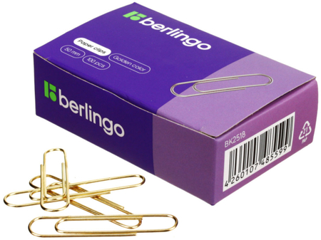 Скрепки проволочные Berlingo, 50 мм, 100 шт., округлые, золотистые Скрепки проволочные Berlingo, 50 мм, 100 шт., округлые, золотистые