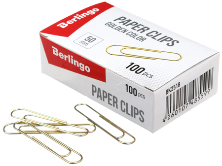 Скрепки проволочные Berlingo, 50 мм, 100 шт., округлые, золотистые Скрепки проволочные Berlingo, 50 мм, 100 шт., округлые, золотистые