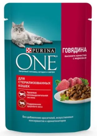 Корм влажный Purina One (для стерилизованных кошек), 75 г, «Говядина и морковь»