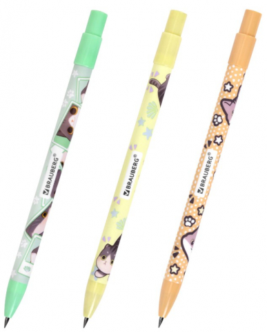 Карандаш цанговый Brauberg, толщина грифеля 2 мм, «Милые коты», ассорти