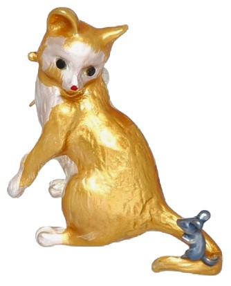 Брошь «Кот и мышь», 4 см, цвет оранжево-серый с золотистыми вставками