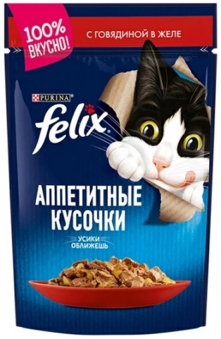 Корм влажный Purina Felix «Аппетитные кусочки» (для взрослых кошек) 75 г, говядина в желе