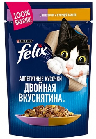 Корм влажный Purina Felix «Аппетитные кусочки» (для взрослых кошек) 75 г, ягненок и курица в желе Корм влажный Purina Felix «Аппетитные кусочки» (для взрослых кошек) 75 г, ягненок и курица в желе