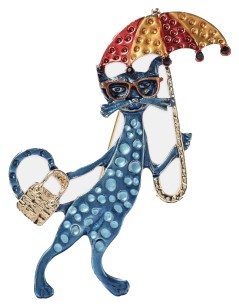 Брошь «Кошка под зонтом» 7 см, цветная в золоте