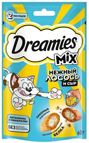 Лакомство Dreamies (для взрослых кошек), 60 г, «Микс: лосось, сыр» Лакомство Dreamies (для взрослых кошек), 60 г, «Микс: лосось, сыр»
