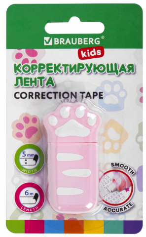 Корректирующий роллер Brauberg Kids, 5 мм*6 м, «Лапки», корпус розовый Корректирующий роллер Brauberg Kids, 5 мм*6 м, «Лапки», корпус розовый