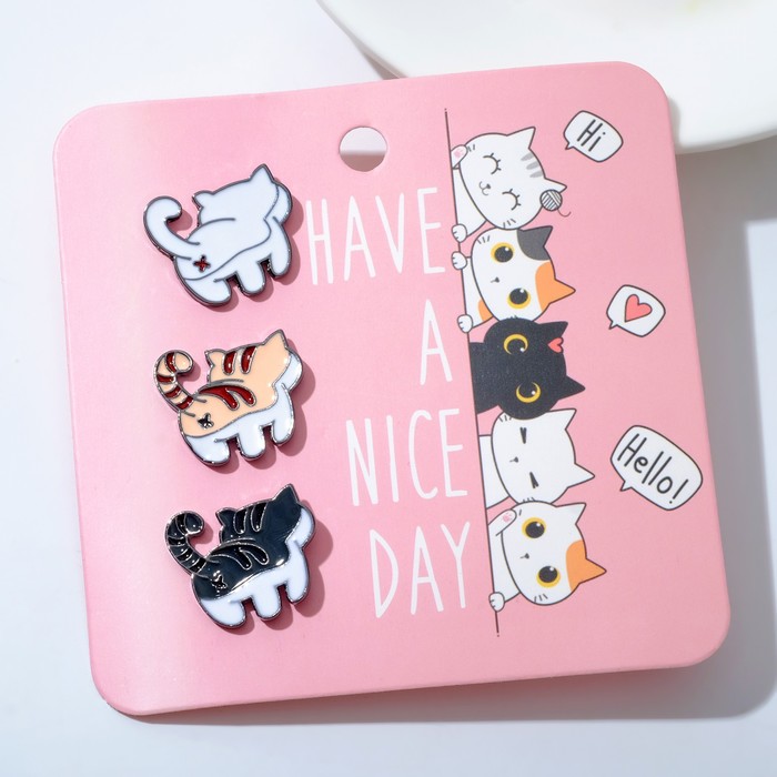 Набор значков «Котики» 3 шт., «Хвостики», цветной в сером металле