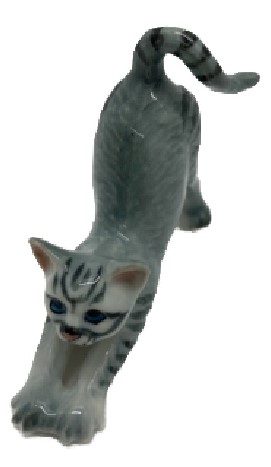 Фигурка фарфоровая №02 «Кот серый с полосатыми пятнами потягивается»