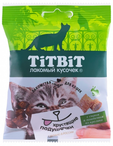 Подушечки хрустящие TitBit для кошек (лакомства), 30 г, с сыром и паштетом из кролика