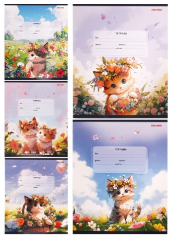 Тетрадь школьная А5, 12 л. на скобе «Кошечки с цветами», 165*205 мм, линия, ассорти Тетрадь школьная А5, 12 л. на скобе «Кошечки с цветами», 165*205 мм, линия, ассорти