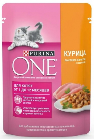 Корм влажный Purina One (для котят), 75 г, «Курица и морковь»