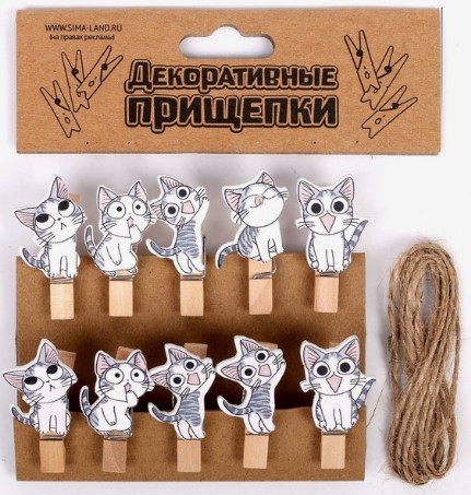 Прищепки декоративные деревянные «Котята», 3,5 см*10 шт., верёвка 100 см