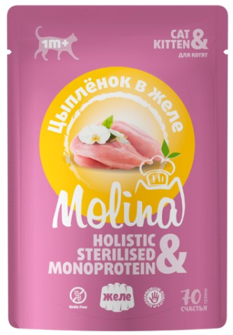 Корм влажный Molina Cat&Kitten 70 г, цыпленок в желе Корм влажный Molina Cat&Kitten 70 г, цыпленок в желе