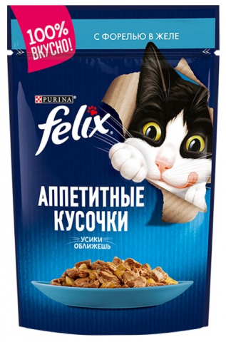 Корм влажный Purina Felix «Аппетитные кусочки» (для взрослых кошек), 75 г, форель в желе Корм влажный Purina Felix «Аппетитные кусочки» (для взрослых кошек), 75 г, форель в желе