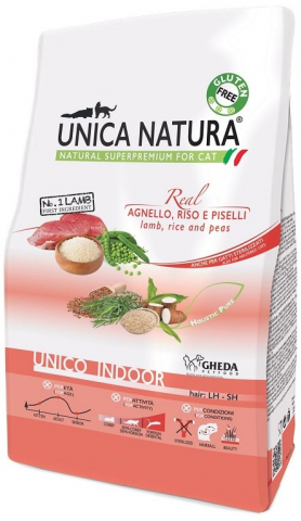 Корм сухой Unica Natura Indoor (для домашних кошек), 1,5 кг, ягненок/рис/горох