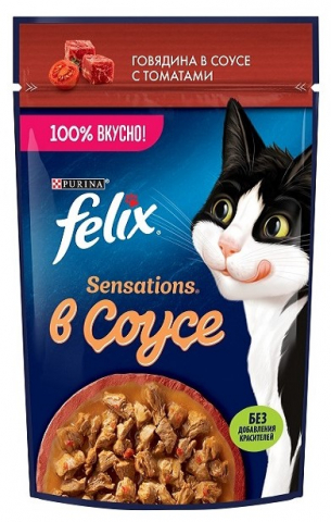Корм влажный Purina Felix «Аппетитные кусочки» (для взрослых кошек) 75 г, говядина и томаты в соусе