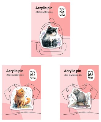 Значок акриловый Meshu Cats In Watercolor, ассорти Значок акриловый Meshu Cats In Watercolor, ассорти