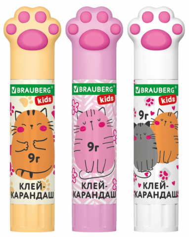 Клей-карандаш Brauberg Kids 9 г, «Лапки» Cat Paw, ассорти