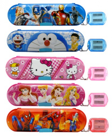 Пенал школьный двухкамерный с точилкой-брелком, 200*55 мм, ассорти