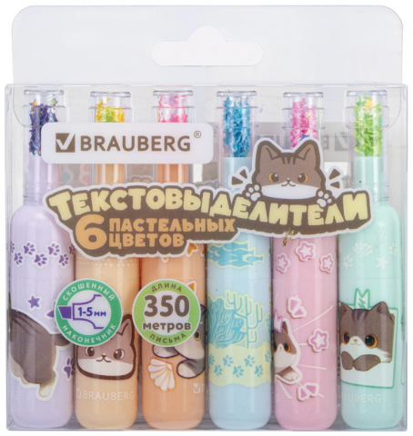 Набор маркеров-текстовыделителей Brauberg 6 цветов, пастель, «Милые коты»