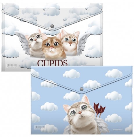 Папка-конверт пластиковая на кнопке ErichKrause А4+ толщина пластика 0,16 мм, Cupids, ассорти