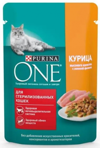 Корм влажный Purina One (для стерилизованных кошек), 75 г, «Курица и зеленая фасоль»