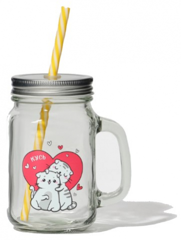 Банка стеклянная с крышкой и трубочкой «Котик», 450 мл, 10*7,5*13 см Банка стеклянная с крышкой и трубочкой «Котик», 450 мл, 10*7,5*13 см