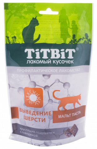 Лакомство «Хрустящие подушечки» TitBit (для кошек), 60 г, «Выведение шерсти» (с говядиной) Лакомство «Хрустящие подушечки» TitBit (для кошек), 60 г, «Выведение шерсти» (с говядиной)