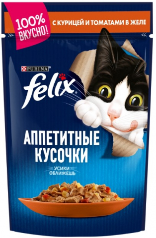 Корм влажный Purina Felix «Аппетитные кусочки» (для взрослых кошек), 75 г, курица и томаты в желе Корм влажный Purina Felix «Аппетитные кусочки» (для взрослых кошек), 75 г, курица и томаты в желе