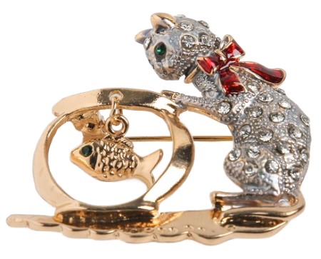 Брошь «Кошка» с аквариумом, 4,5*3,8 см, цвет серо-красный в золоте Брошь «Кошка» с аквариумом, 4,5*3,8 см, цвет серо-красный в золоте