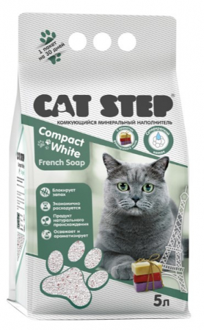 Наполнитель минеральный комкующийся Cat Step Compact 5 л (4,5 кг), White French Soap Наполнитель минеральный комкующийся Cat Step Compact 5 л (4,5 кг), White French Soap